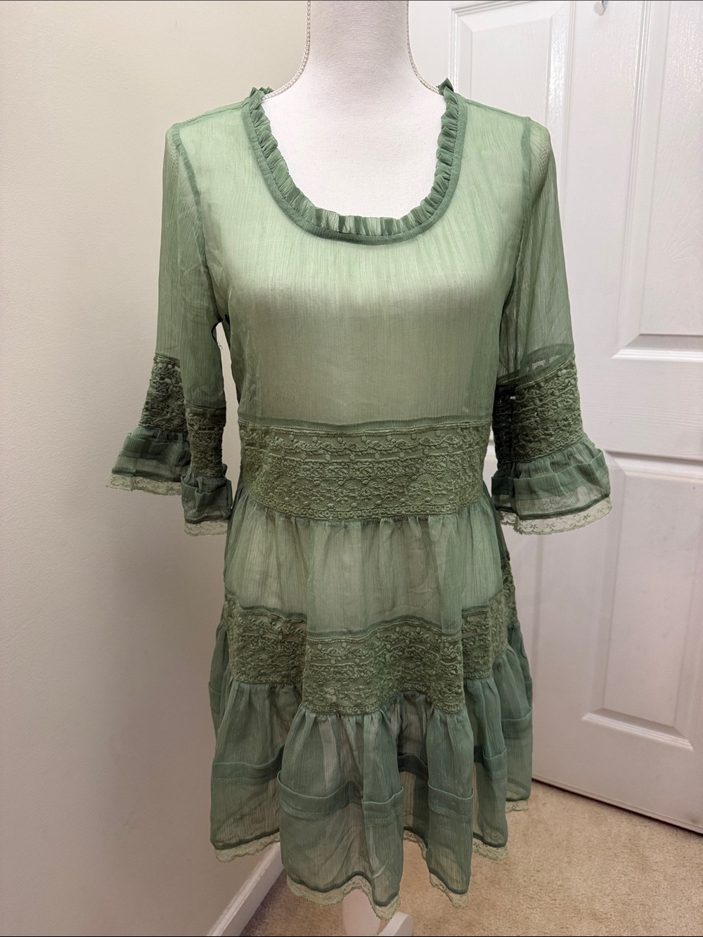 Tularosa Sage Green Ruffle Trim Tiered Tunic Top
